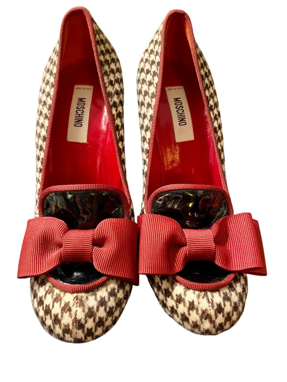 NEW Moschino Vintage Tweed Houndstooth Heels with Oversized Red Ribbon Bows 37 7